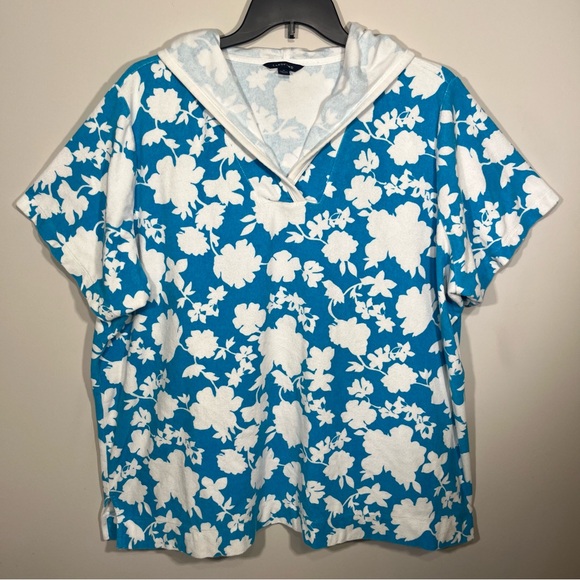 Lands' End Sky Blue and White Floral/Tropical Towel Material Coverup w/ Hood - Picture 1 of 6